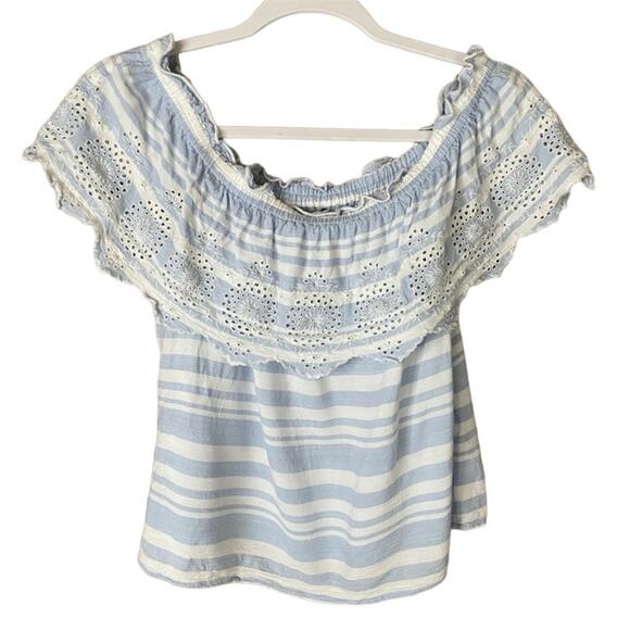 American Eagle Blue White Striped Off The Shoulder Flounce Eyelet Top Size Small - Picture 1 of 7